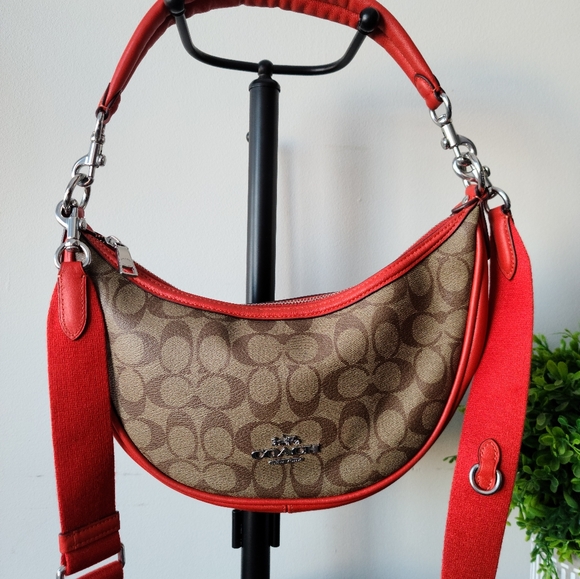 Coach Aria Signature Tan & Red Leather Shoulder Crossbody Bag #CR283 - Picture 9 of 11